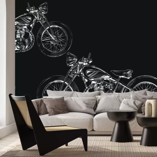 Fototapete Skizze von Motorrädern auf schwarzem Hintergrund