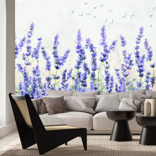 Fototapete Lavendelblüten vor Vogelhintergrund