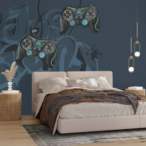 Fototapete Blaue Gamecontroller vor einem Graffiti-Hintergrund