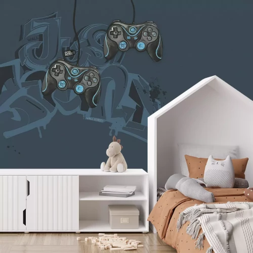 Fototapete Blaue Gamecontroller vor einem Graffiti-Hintergrund