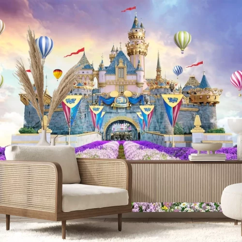 Fototapete Märchenschloss Landschaft bei Sonnenuntergang