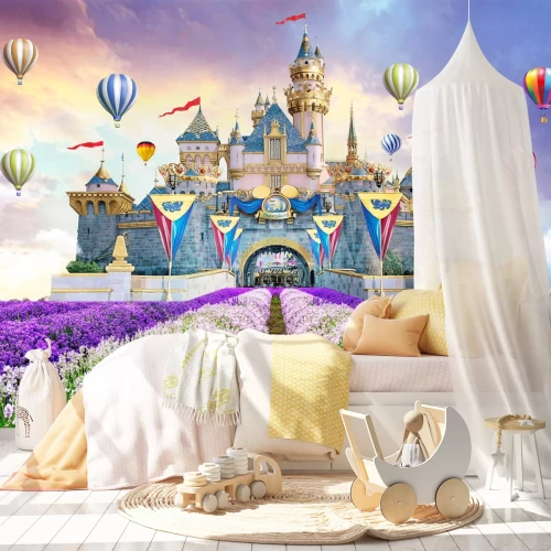 Fototapete Märchenschloss Landschaft bei Sonnenuntergang