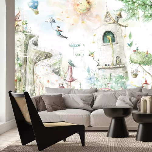 Fototapete Prinzessin im Schlossturm märchenhafte Landschaft
