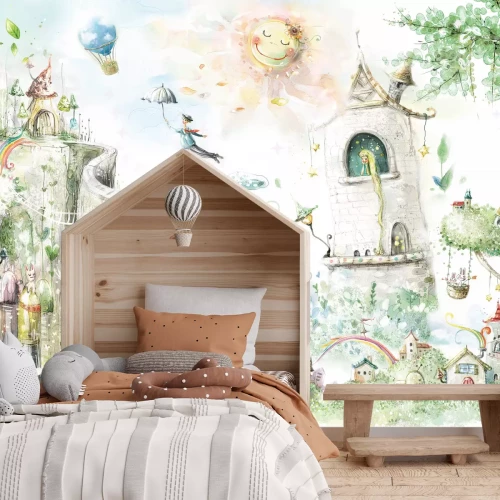 Fototapete Prinzessin im Schlossturm märchenhafte Landschaft