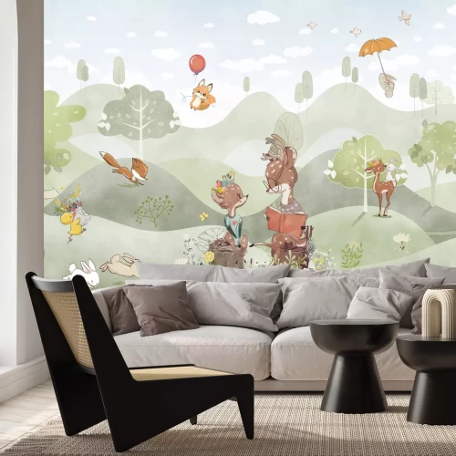 Fototapete Lichtung mit Rehen und Füchsen