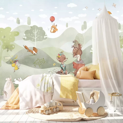 Fototapete Lichtung mit Rehen und Füchsen