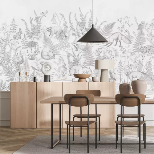 Fototapete Schwarz-weiß-Zeichnung mit Tieren