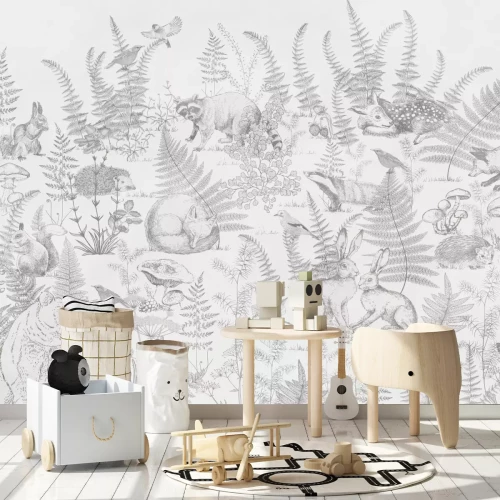 Fototapete Schwarz-weiß-Zeichnung mit Tieren