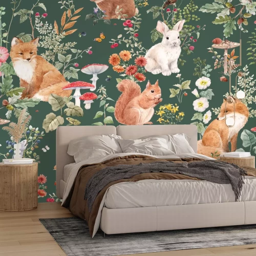 Fototapete Pflanzenmuster mit Pilzen und Füchsen
