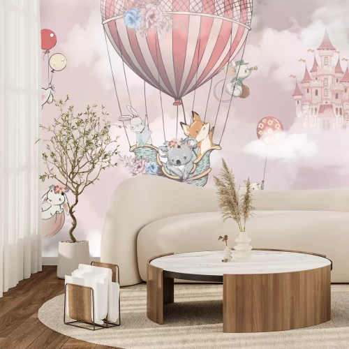 Fototapete Fliegender Fuchs mit einem Koala und einem Hasen im Ballon