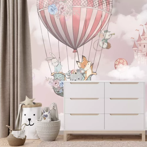 Fototapete Fliegender Fuchs mit einem Koala und einem Hasen im Ballon