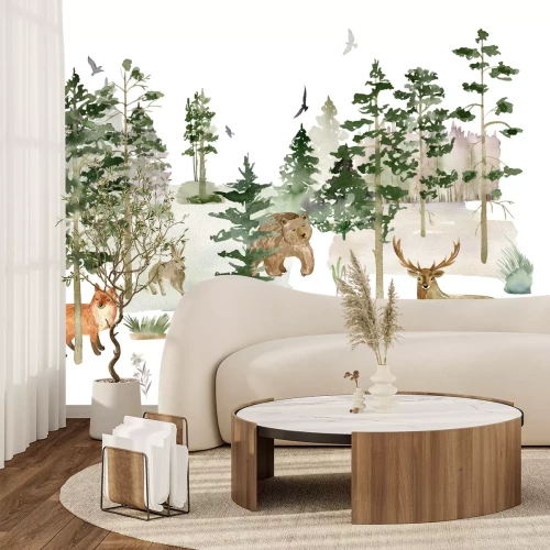 Fototapete Zeichnung eines Waldes mit wilden Tieren