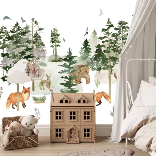 Fototapete Zeichnung eines Waldes mit wilden Tieren