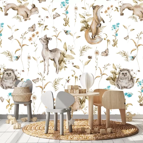 Fototapete Kinder-Muster mit Füchsen und Rehen