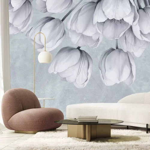 Fototapete Hängende Tulpen an einer Betonwand