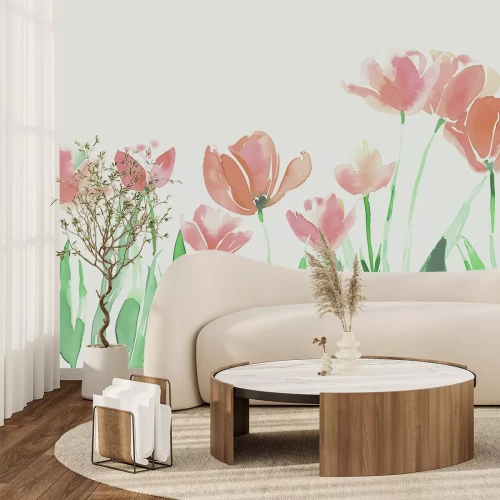 Fototapete Rote Tulpen auf einer pastellfarbenen Wiese