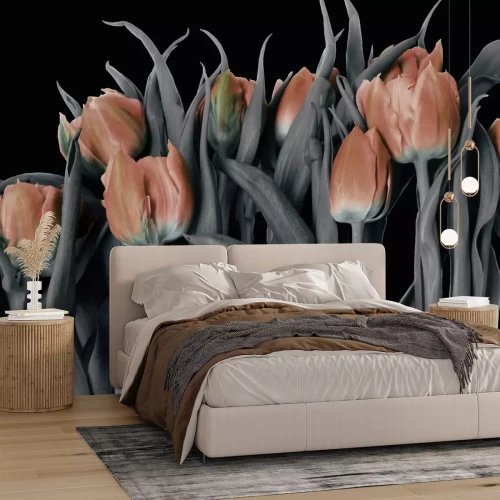 Fototapete Orange Tulpen auf schwarzem Hintergrund