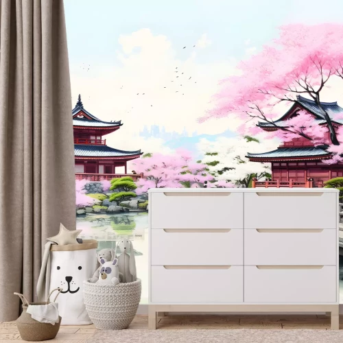 Fototapete Schöne japanische Landschaft mit blühenden Kirschbäumen