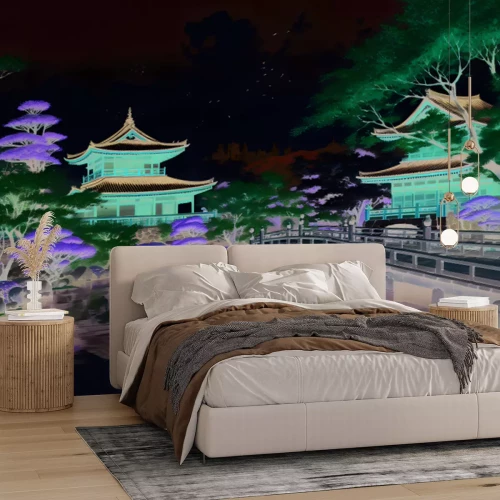 Fototapete Schöne japanische Landschaft mit blühenden Kirschbäumen