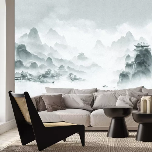 Fototapete Schwarz-weißes japanisches Dorf in den Bergen