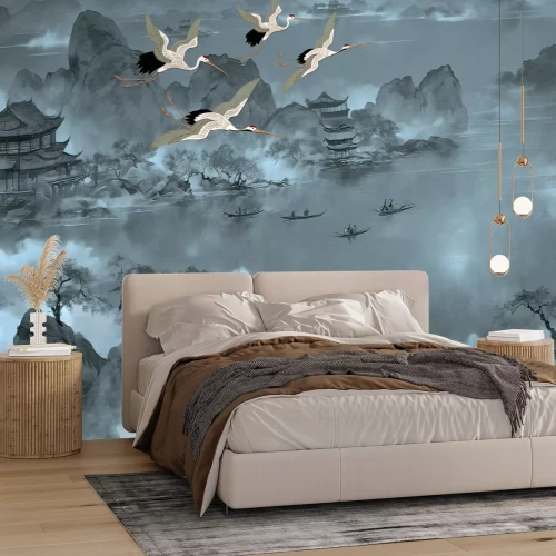 Fototapete Japanische Landschaft am See mit Gondeln und Vögeln