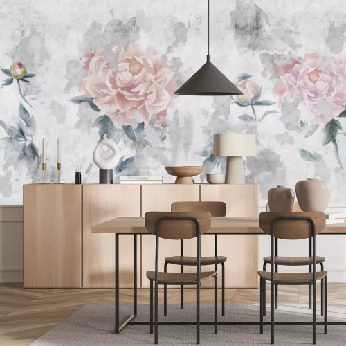 Fototapete Rosa Blumen im Aquarellstil auf grauem Hintergrund