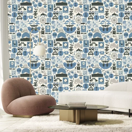 Fototapete Asiatische Naturillustrationen und Schriftzüge