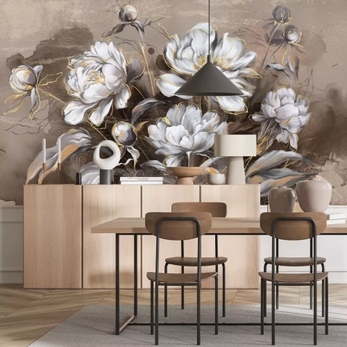 Fototapete Weiße Blumen auf Aquarellhintergrund im Vintage-Stil