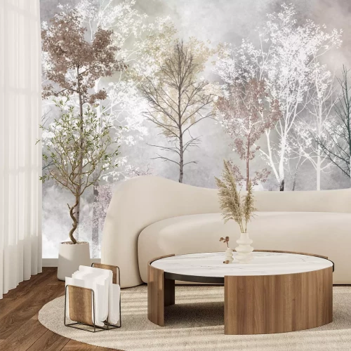 Fototapete Abstrakter Birkenwald im Nebel