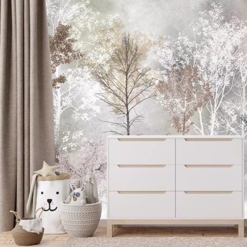 Fototapete Abstrakter Birkenwald im Nebel