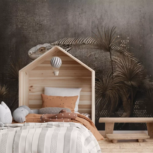 Fototapete Chamäleon und tropische Blätter im Loftstil