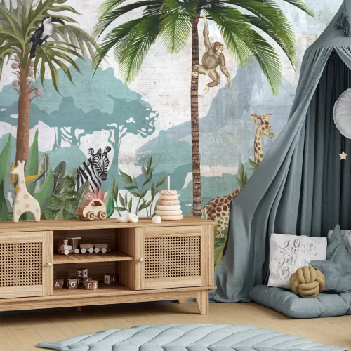 Fototapete Dschungelpanorama mit Tieren auf strukturiertem Hintergrund