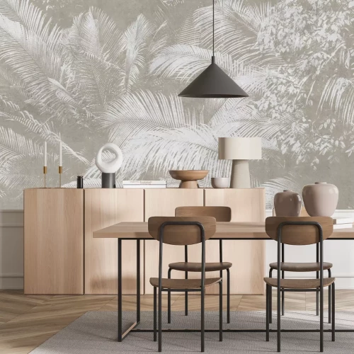 Fototapete Spiegelung von Palmblättern auf beigem Beton