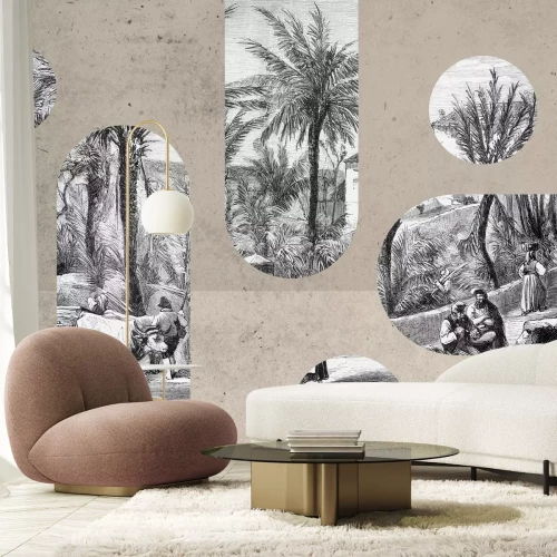 Fototapete Alte palmfarbene Radierungen mit Darstellungen landwirtschaftlicher Arbeiten