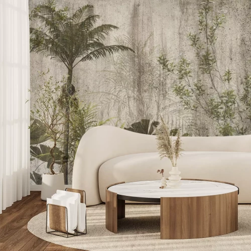 Fototapete Palmen und grüne Blätter vor einem Betonhintergrund