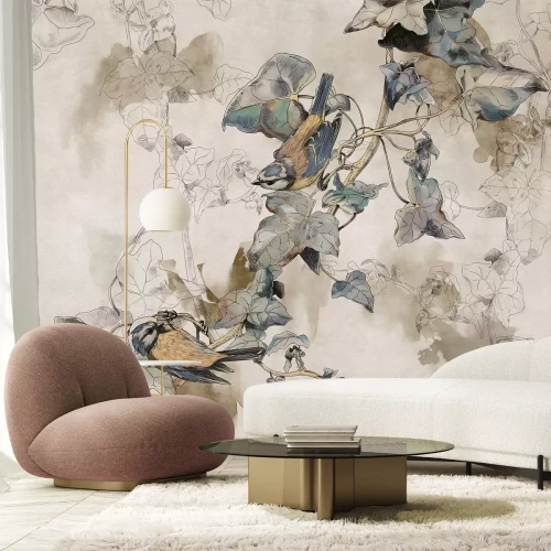 Fototapete Vögel auf einem Ast mit Blättern im Aquarellstil auf beigem Hintergrund