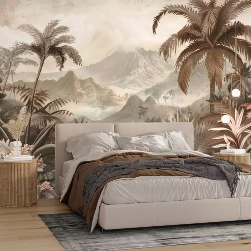 Fototapete Palmen und tropische Pflanzen vor dem Hintergrund von Hügeln