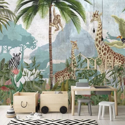 Fototapete Tiere im tropischen Dschungel mit exotischen Pflanzen