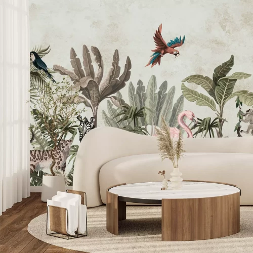 Fototapete Tropische Landschaft mit Safari-Tieren zwischen Pflanzen