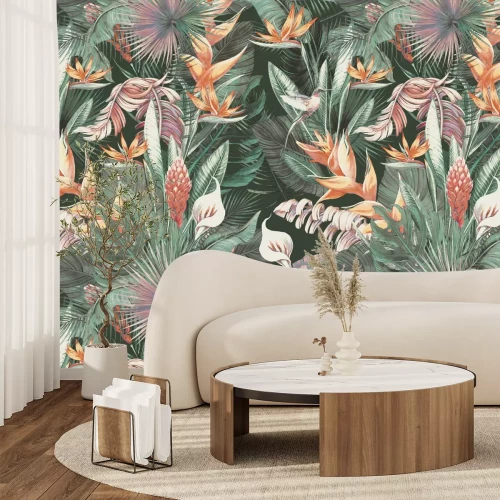 Fototapete Botanisches Muster tropische Pflanzen und Kolibris