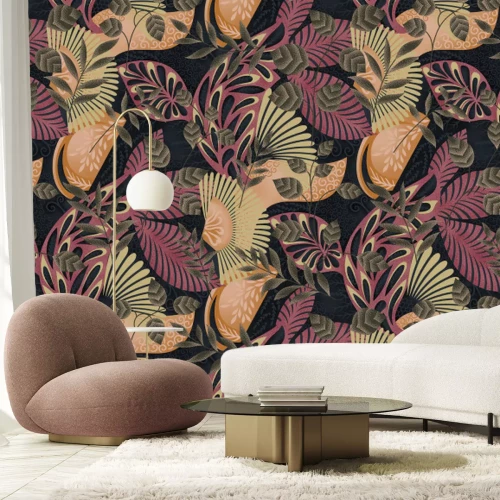 Fototapete Tropische Pflanzen und Blätter auf dunklem Hintergrund