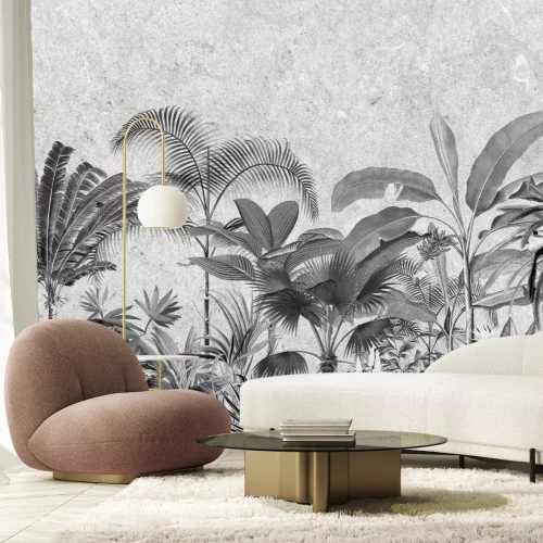 Fototapete Schwarz-weiße tropische Landschaft mit Palmen