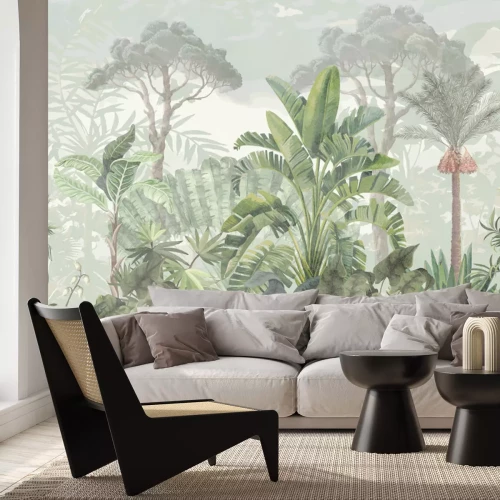 Fototapete Tropische Landschaft mit Pflanzen im Aquarellstil