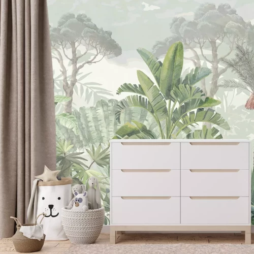 Fototapete Tropische Landschaft mit Pflanzen im Aquarellstil