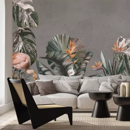 Fototapete Tropische Pflanzen und Vögel vor Betontextur-Hintergrund