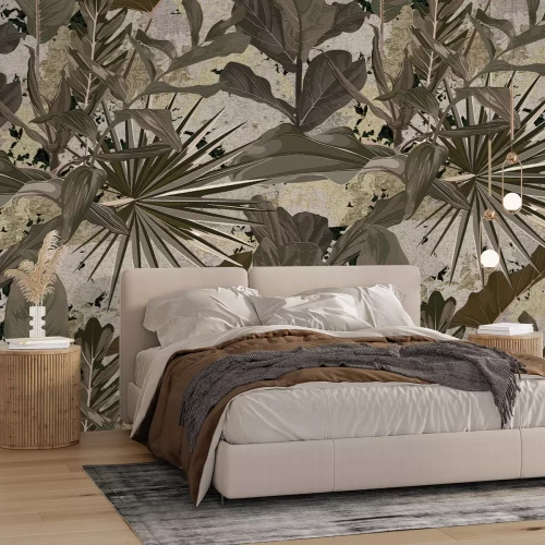 Fototapete Tropische grüne Pflanzen auf Betonthintergrund