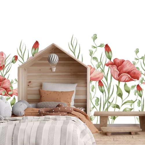 Fototapete Mohnblumen im Aquarellstil auf weißem Hintergrund