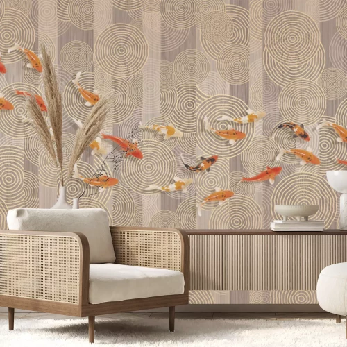 Fototapete Koi vor einem Hintergrund geometrischer Formen moderne Komposition