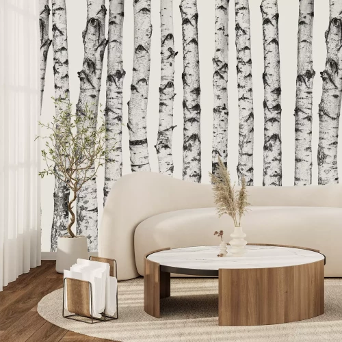 Fototapete Birkenstämme auf hellbeigem Hintergrund
