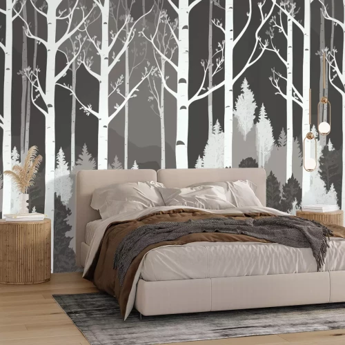 Fototapete Schwarz-weißer Wald mit Birken